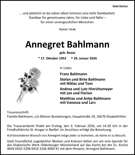 Traueranzeige von Annegret Bahlmann von Nordwest-Zeitung