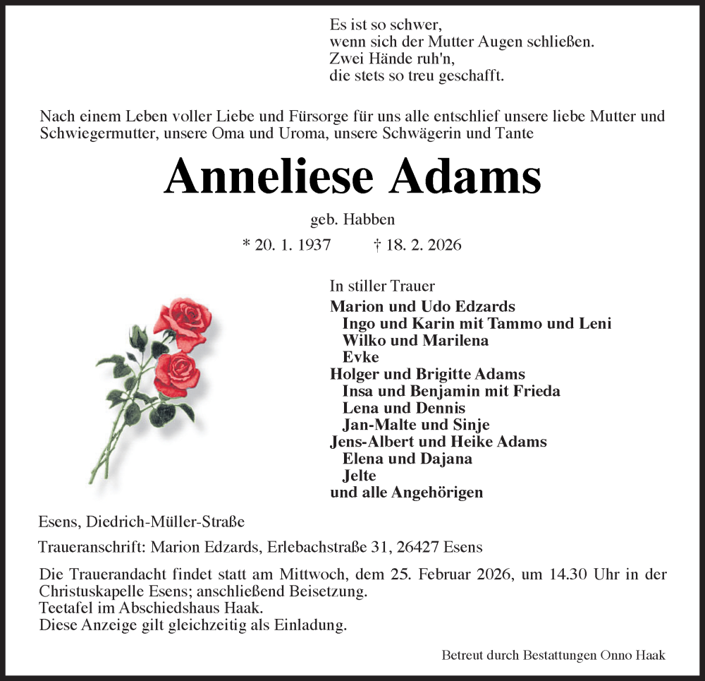  Traueranzeige für Anneliese Adams vom 20.02.2026 aus WZ/JW/AH
