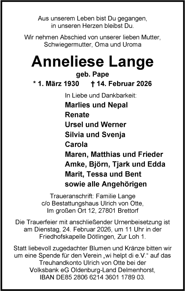  Traueranzeige für Anneliese Lange vom 21.02.2026 aus Nordwest-Zeitung