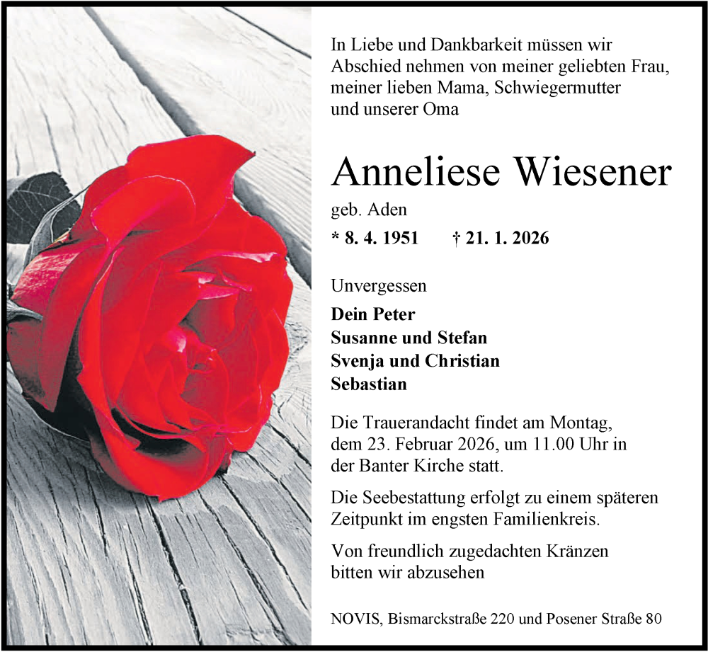  Traueranzeige für Anneliese Wiesener vom 07.02.2026 aus WZ/JW/AH