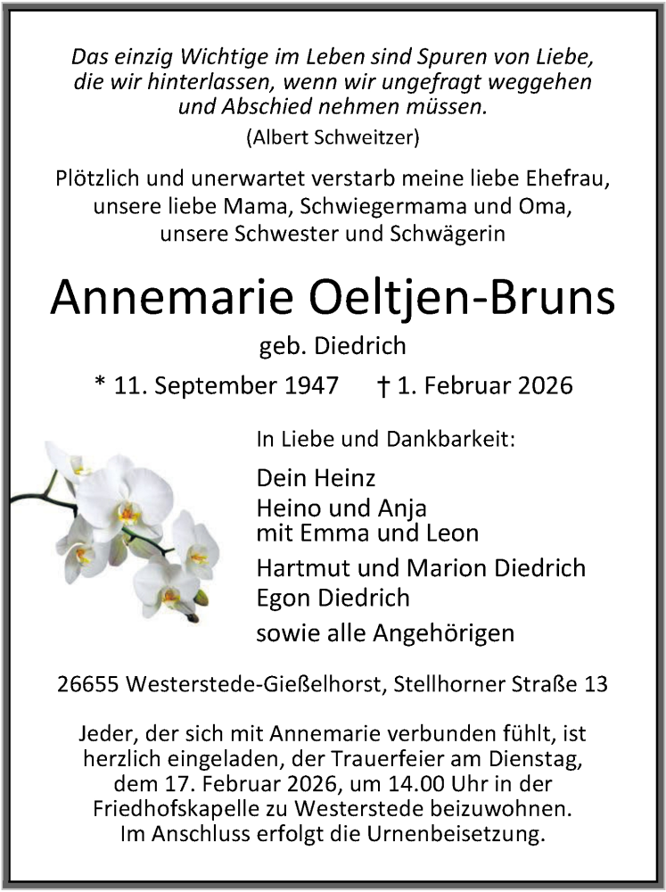  Traueranzeige für Annemarie Oeltjen-Bruns vom 13.02.2026 aus Nordwest-Zeitung