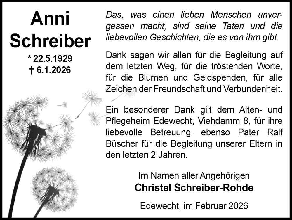  Traueranzeige für Anni Schreiber vom 21.02.2026 aus Nordwest-Zeitung