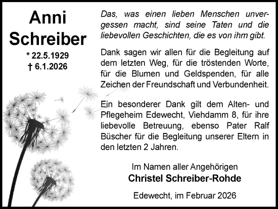 Traueranzeige von Anni Schreiber von WZ/JW/AH
