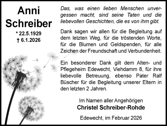 Traueranzeige von Anni Schreiber von Nordwest-Zeitung