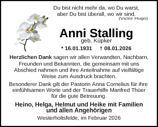Traueranzeige von Anni Stalling von Nordwest-Zeitung