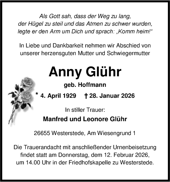 Traueranzeige von Anny Glühr von Nordwest-Zeitung