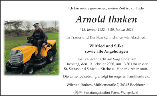 Traueranzeige von Arnold Ihnken von WZ/JW/AH