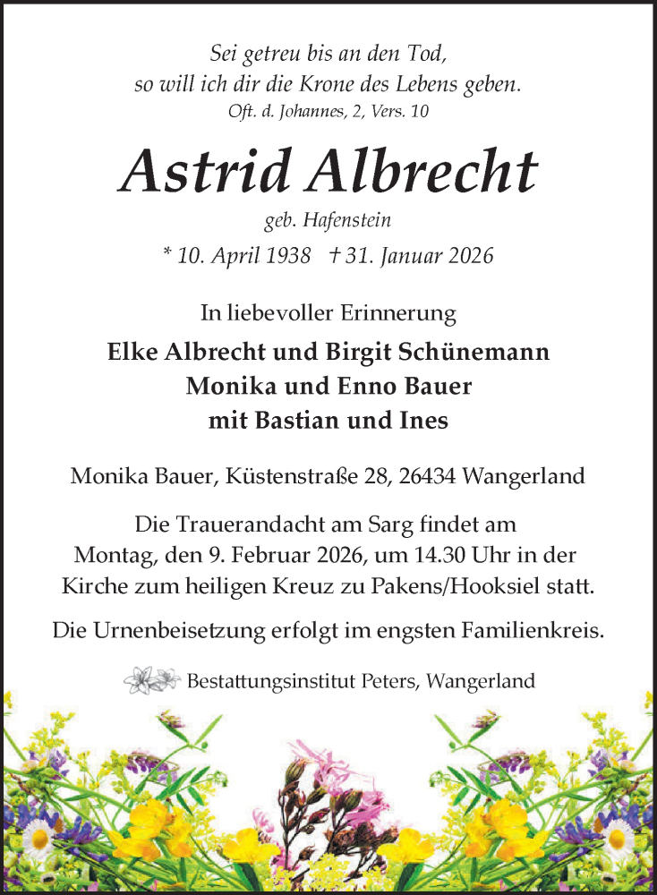  Traueranzeige für Astrid Albrecht vom 04.02.2026 aus WZ/JW/AH