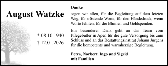 Traueranzeige von August Watzke von Nordwest-Zeitung
