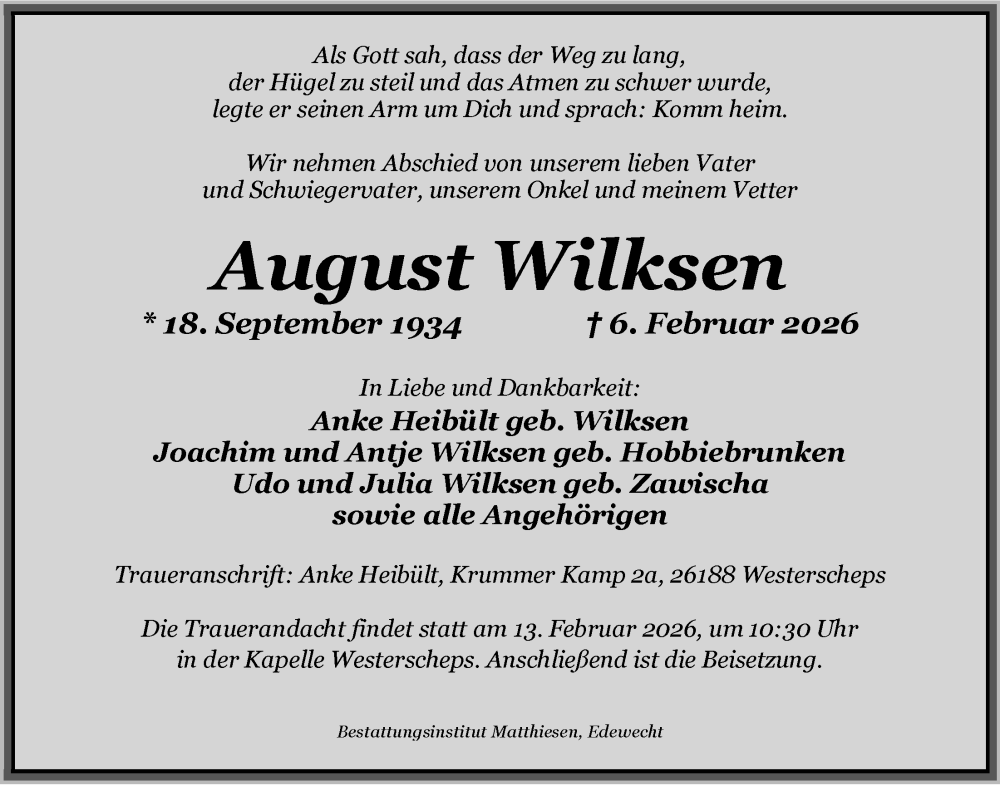  Traueranzeige für August Wilksen vom 11.02.2026 aus Nordwest-Zeitung