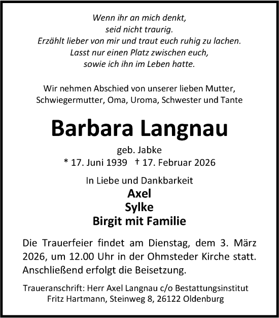 Traueranzeige von Barbara Langnau von Nordwest-Zeitung