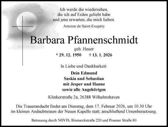 Traueranzeige von Barbara Pfannenschmidt von WZ/JW/AH