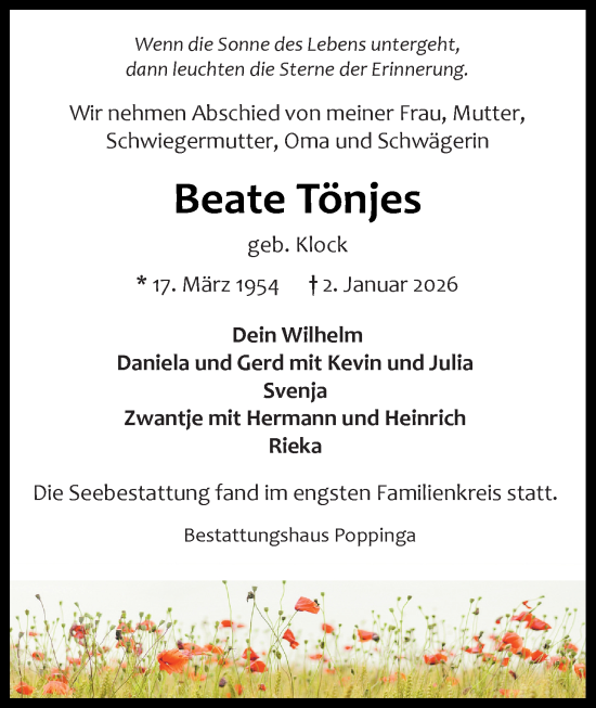 Traueranzeige von Beate Tönjes von Emder Zeitung