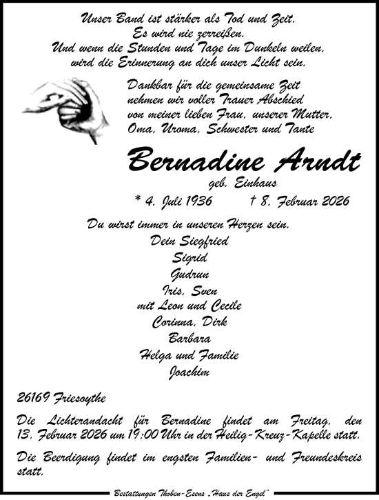 Traueranzeige von Bernadine Arndt von Nordwest-Zeitung