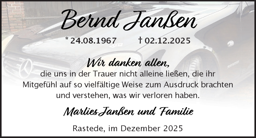  Traueranzeige für Bernd Janßen vom 07.02.2026 aus Nordwest-Zeitung