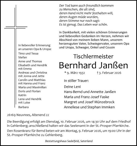 Traueranzeige von Bernd Janßen von Nordwest-Zeitung