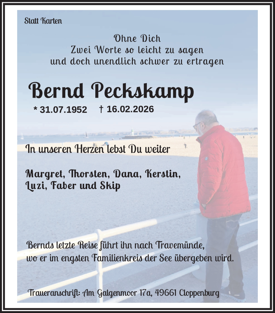  Traueranzeige für Bernd Peckskamp vom 21.02.2026 aus Nordwest-Zeitung