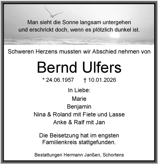 Traueranzeige von Bernd Ulfers von WZ/JW/AH