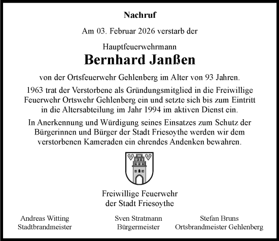 Traueranzeige von Bernhard Janßen von Nordwest-Zeitung