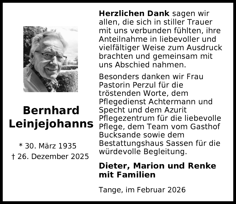  Traueranzeige für Bernhard Leinjejohanns vom 10.02.2026 aus Nordwest-Zeitung