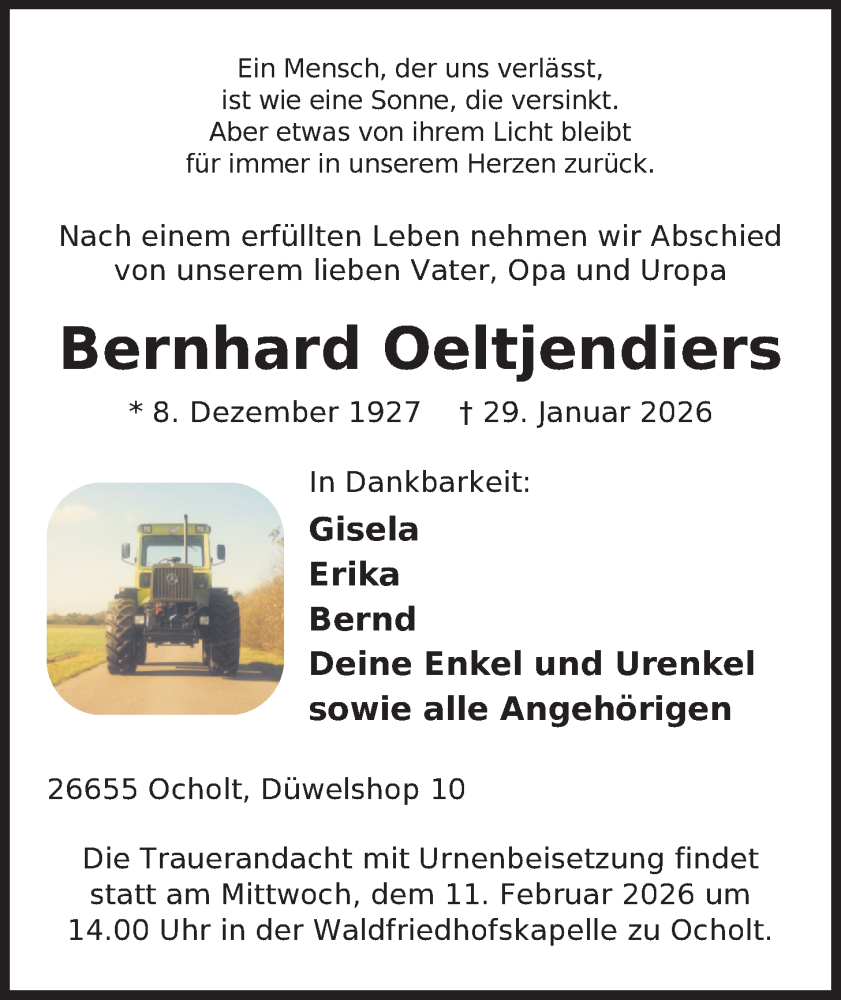  Traueranzeige für Bernhard Oeltjendiers vom 03.02.2026 aus Nordwest-Zeitung