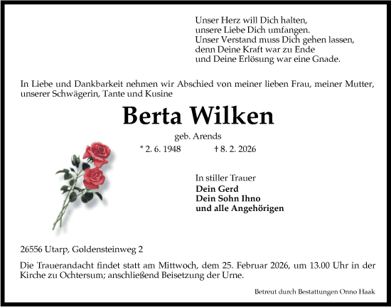 Traueranzeige von Berta Wilken von WZ/JW/AH