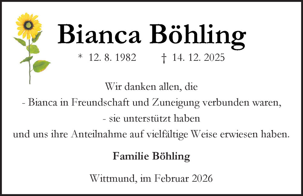  Traueranzeige für Bianca Böhling vom 10.02.2026 aus Nordwest-Zeitung