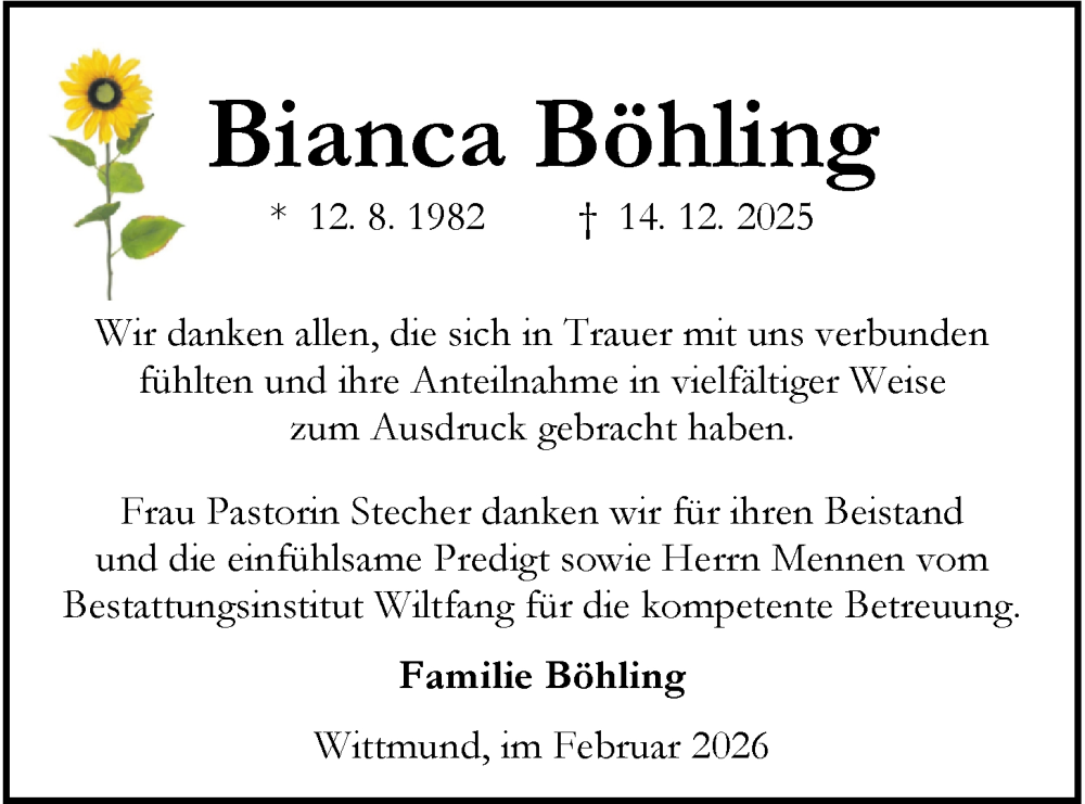  Traueranzeige für Bianca Böhling vom 10.02.2026 aus WZ/JW/AH