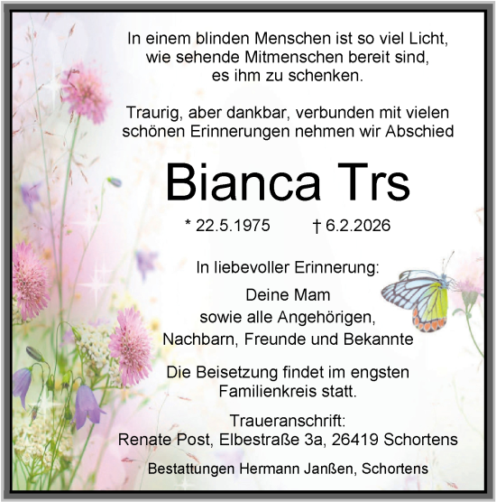 Traueranzeige von Bianca Trs von WZ/JW/AH