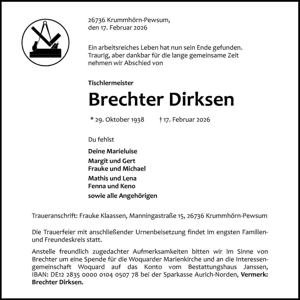 Traueranzeige für Brechter Dirksen vom 21.02.2026 aus Emder Zeitung