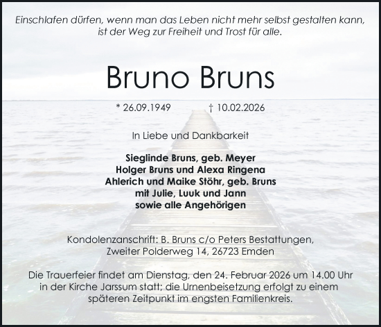 Traueranzeige von Bruno Bruns von Emder Zeitung
