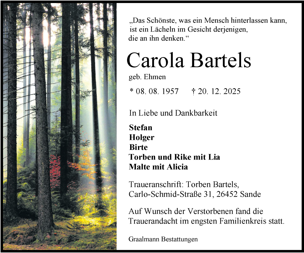  Traueranzeige für Carola Bartels vom 07.02.2026 aus WZ/JW/AH