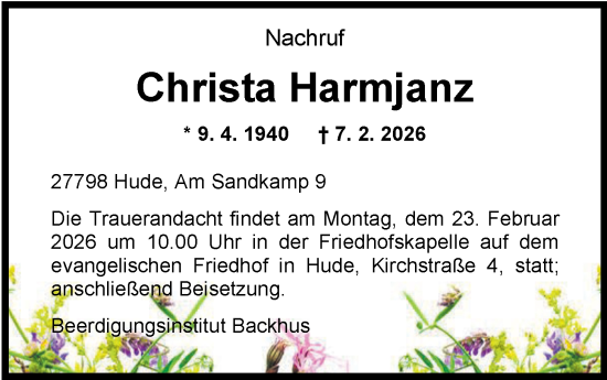 Traueranzeige von Christa Harmjanz von Nordwest-Zeitung