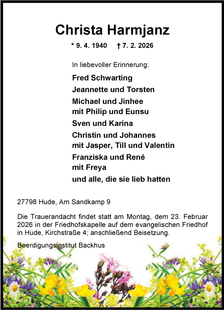  Traueranzeige für Christa Harmjanz vom 11.02.2026 aus Nordwest-Zeitung