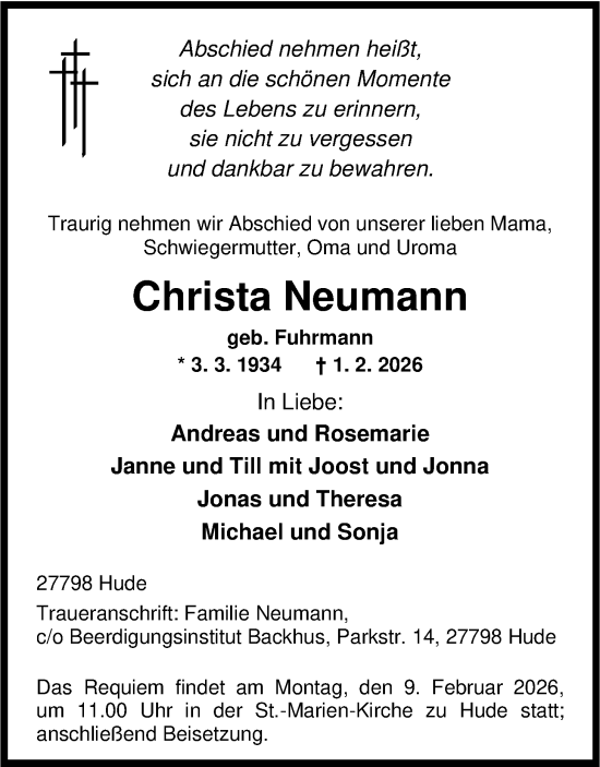 Traueranzeige von Christa Neumann von Nordwest-Zeitung