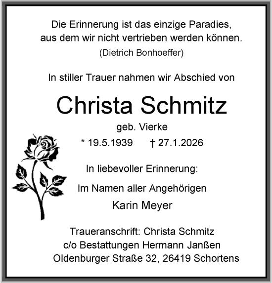 Traueranzeige von Christa Schmitz von WZ/JW/AH