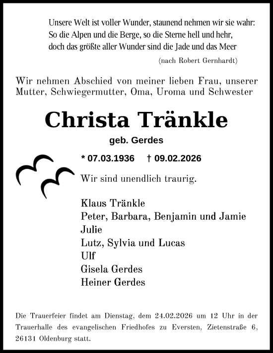 Traueranzeige von Christa Tränkle von Nordwest-Zeitung