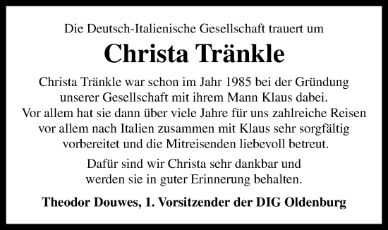 Traueranzeige von Christa Tränkle von Nordwest-Zeitung