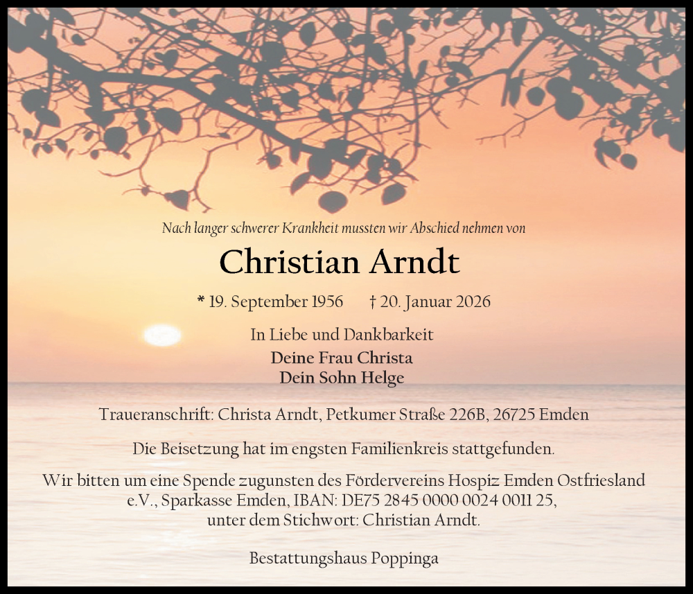  Traueranzeige für Christian Arndt vom 07.02.2026 aus Emder Zeitung