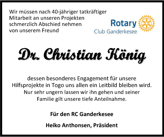 Traueranzeige von Christian König von Nordwest-Zeitung