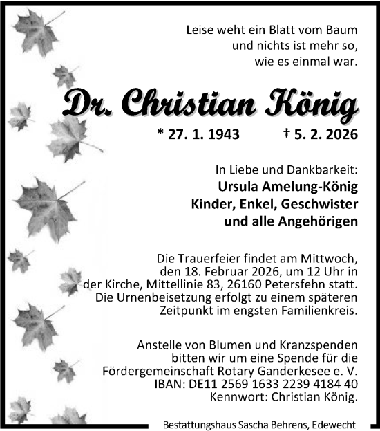 Traueranzeige von Christian König von Nordwest-Zeitung