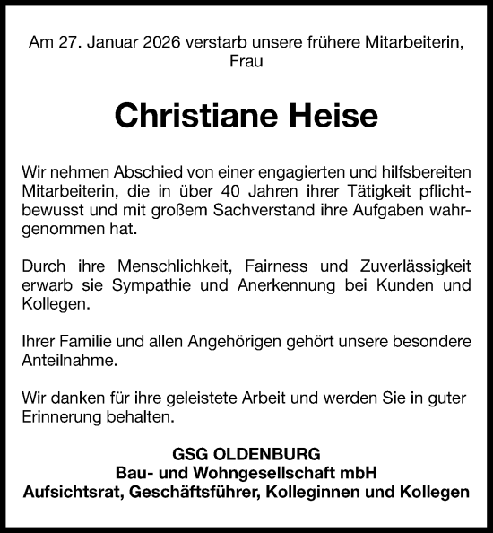 Traueranzeige von Christiane Heise von Nordwest-Zeitung