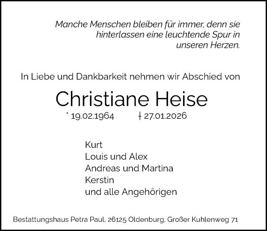 Traueranzeige von Christiane Heise von Nordwest-Zeitung