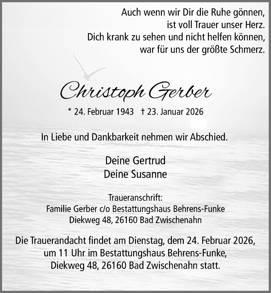  Traueranzeige für Christoph Gerber vom 07.02.2026 aus Nordwest-Zeitung