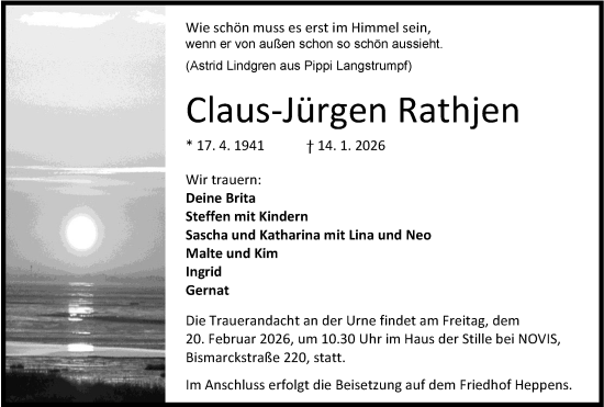 Traueranzeige von Claus-Jürgen Rathjen von WZ/JW/AH