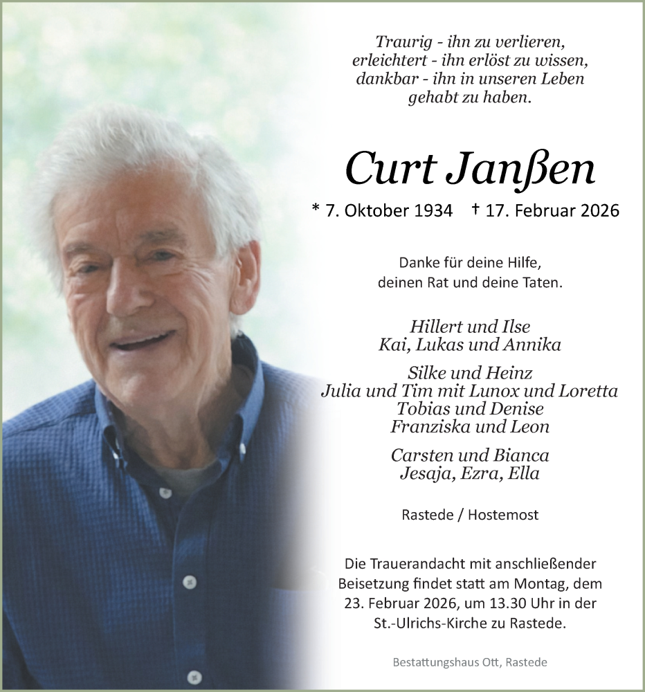  Traueranzeige für Curt Janßen vom 21.02.2026 aus Nordwest-Zeitung