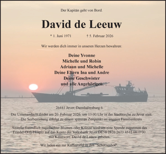 Traueranzeige von David de Leeuw von WZ/JW/AH