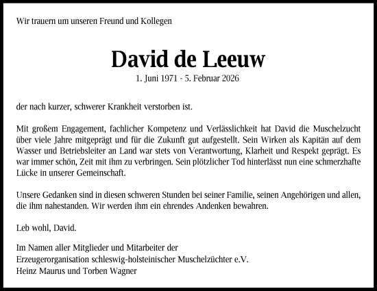Traueranzeige von David de Leeuw von WZ/JW/AH