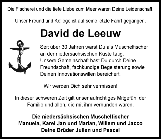 Traueranzeige von David de Leeuw von WZ/JW/AH