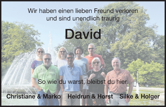 Traueranzeige von David de Leeuw von WZ/JW/AH